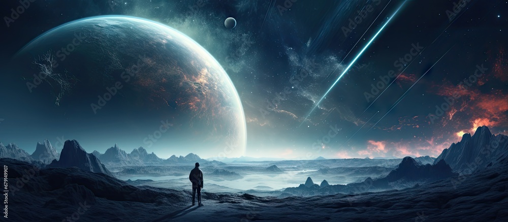 Wall mural humans venturing into the depths of space exploration copy space image place for adding text or desi