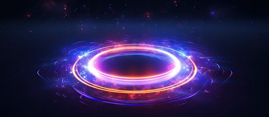Glowing neon ring moves in a loop on dark galaxy background Abstract neon light circles Laser show in virtual reality outer space with star panorama Copy space image Place for adding text or de - obrazy, fototapety, plakaty