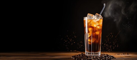 Iced coffee with cream and beans on a rustic wooden table Cold drink on black background with space for text Copy space image Place for adding text or design