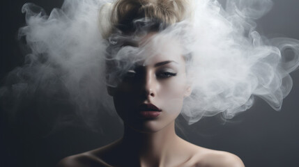 Fashion portrait of sensual female model with smoke dispersion. head with stylish hairstyle in tobacco smoke