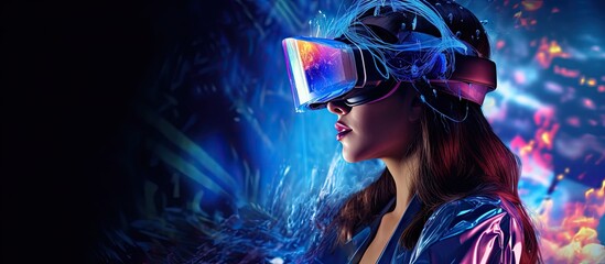 Holographic woman wearing VR glasses emerges from tablet in 3D illustration Copy space image Place for adding text or design