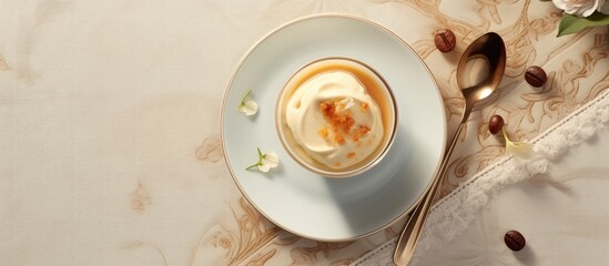 isolation of affogato an Italian ice cream dish on a table top view with Arabic breakfast Copy space image Place for adding text or design