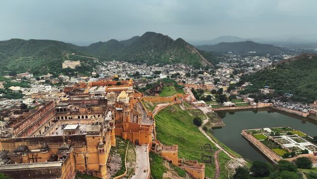 Aerial view of Amer Fort. Amber Fort or Amer Fort in Jaipur, India. Mughal architecture medieval fort made of yellow sandstone. Architecture of India. Jaipur, Rajasthan, India.