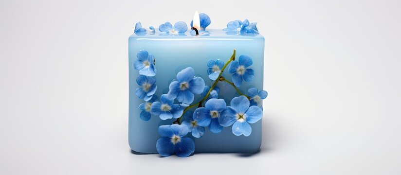 High quality photo of blue soy wax bubble cube candle with flowers Isolated on white background Copy space image Place for adding text or design