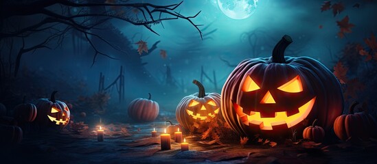 Glowing Jack O Lanterns in the spooky Halloween night Copy space image Place for adding text or design