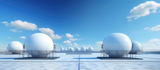 Industrial facility storing hydrogen gas in spherical tanks using ASME technology located under a blue sky Copy space image Place for adding text or design - obrazy, fototapety, plakaty