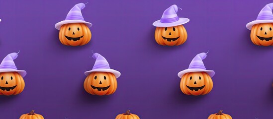Obraz premium Halloween pattern with adorable pumpkin hat ghost on purple background Copy space image Place for adding text or design