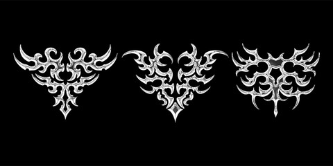 3d chrome metal of y2k. 3d rendering illustration of abstract neo tribal cyber sigil metallic melted modern.Gothic abstract patterns for streetwear, typography, t-shirt. 3D element Illustration.