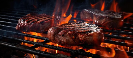 Grilling steaks with fire Copy space image Place for adding text or design