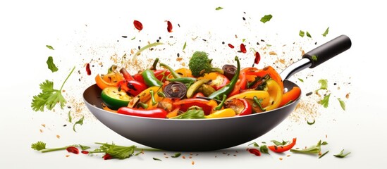 Healthy cooking with assorted fresh vegetables in a pan promoting a nutritious diet Copy space image Place for adding text or design - obrazy, fototapety, plakaty
