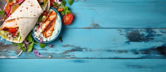 Healthful lunch option Grilled chicken and veggie tortilla wrap on blue wooden background Overhead view Copy space image Place for adding text or design