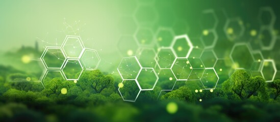 Hexagonal shape of connected icons on green background illustrating sustainable business and environmental protection Copy space image Place for adding text or design
