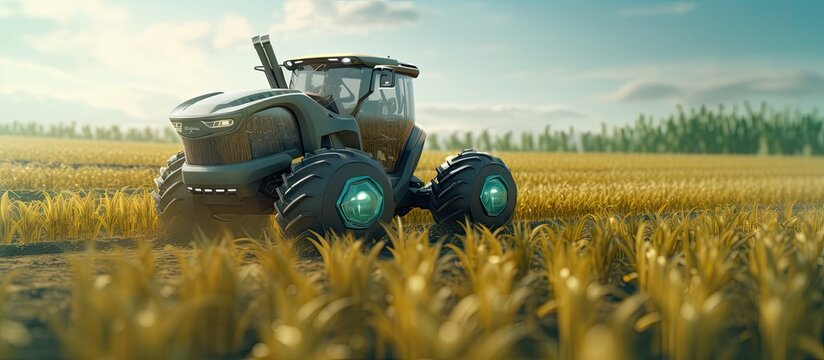 Future smart agriculture 5G self driving corn field tractor Copy space image Place for adding text or design