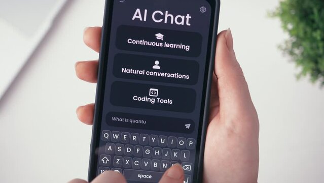 Chatting with artificial intelligence online. Writing prompt and asking GPT language model. Ai chat bot is having a conversation with human. Fictional interface.