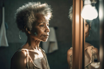 Senior black woman deep in thoughts having mental disease standing near mirror in light