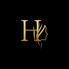 gold colored initial H combined with female face indicating beauty use for salon, hair, business, logo, design, vector, company, branding, and more