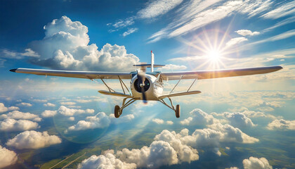 Front view of a small private propeller airplane flying in the clouds, backlit with sunbeams in the background. Aerial view of a plain with green cultivated fields among the white clouds. - obrazy, fototapety, plakaty