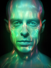 close up face portrait of a man with light shining projections on the head, fashion glamour photo