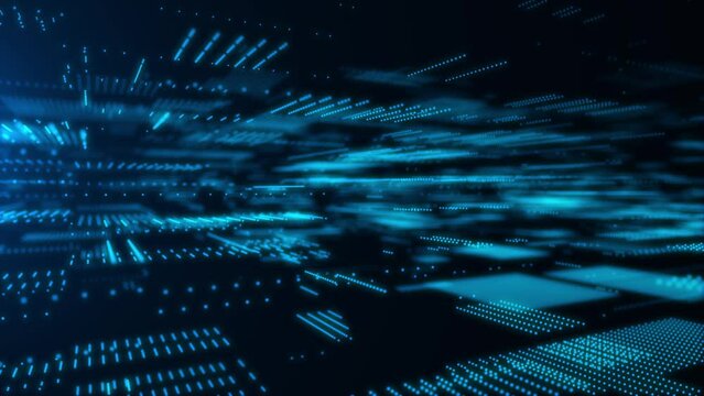 Abstract digital cyberspace with moving particles. Cyber security database. Matrix technology decoder. Futuristic hi-tech background with blue dots. High speed big data. 3D rendering.