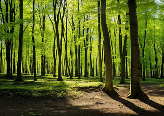 Spring beech forest in vivid shades of fresh green