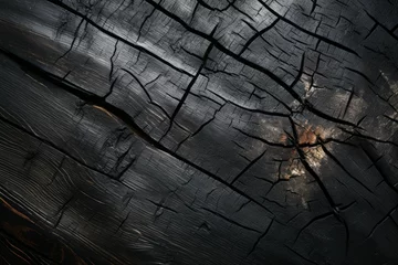 Fototapeten Rough textured surface of burnt wood close up. Background with copy space © top images