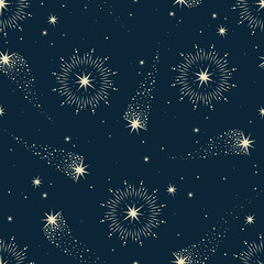 Seamless blue pattern with moon and stars. Boho space vector. Illustration for greeting card, invitation, wallpaper, wrapping paper, fabric