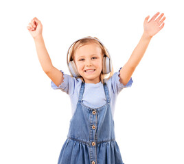 Smile, headphones and child or music, portrait and streaming radio or isolated on transparent png...