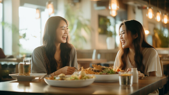 Happy Two Beautiful Asian Woman Friends Having A Dinner Party At Modern Restaurant