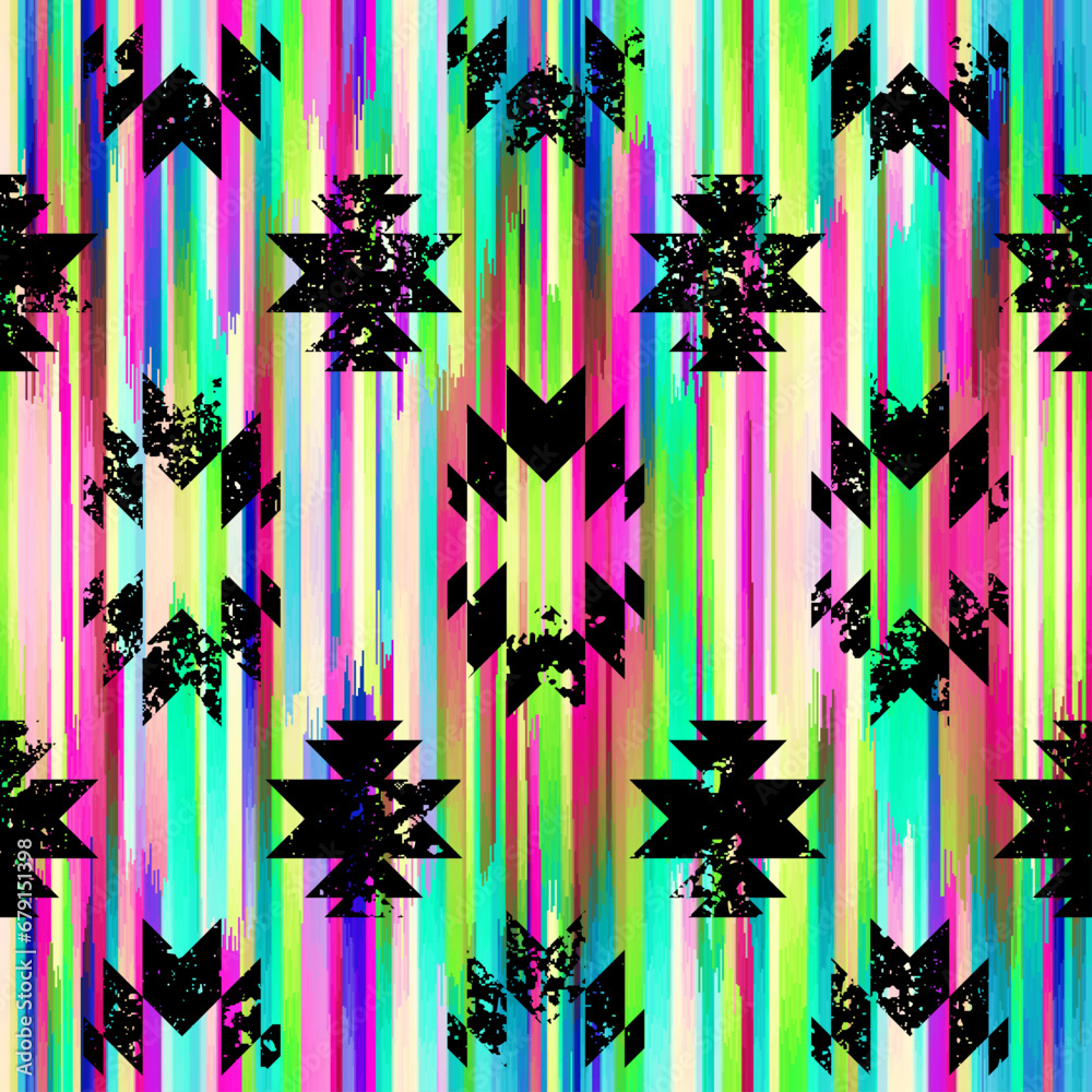 Poster Seamless striped pattern in Aztec style. Folk embroidery.. Aztec ikat style. Seamless vector image. Thin lines