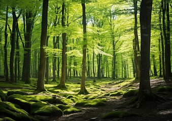 Spring beech forest in vivid shades of fresh green