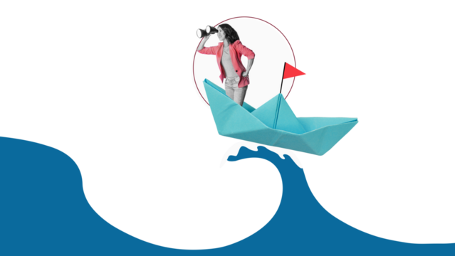 Leadership - lead to success, look for strategy to win business concept, businesswoman leader look through binocular on the ship in storm. Isolated on free PNG Background