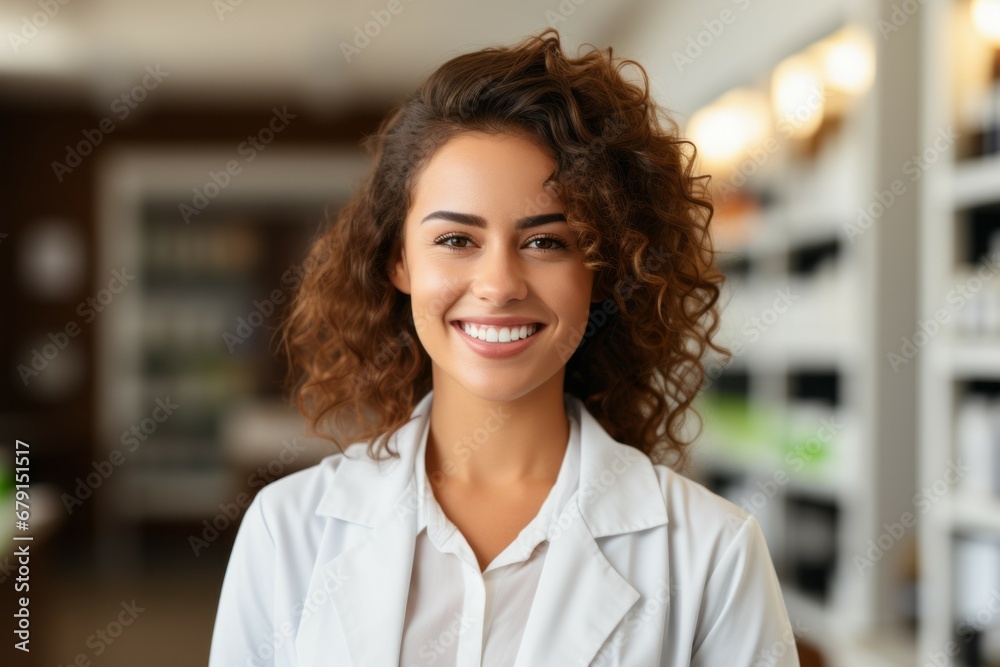 Wall mural female pharmacist. portrait with selective focus and copy space