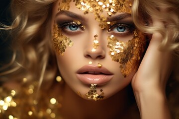 Model with gold glitter on her face. Creative portrait with selective focus and copy space