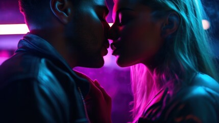 Side view of young man and woman kissing each other with closed eyes while standing in dark room with neon illumination