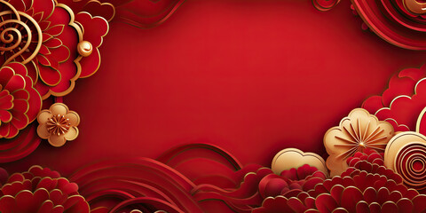 Asian Japanese Chinese red and gold flower background banner border template with copy space for new year celebration