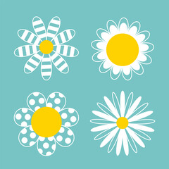 Daisy Chamomile set. White camomile icon. Contour line doodle. Polka dot, stripes pattern. Cute round flower head plant collection. Love Growing concept. Nature style. Flat design. Blue background.