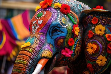 Decorated elephant head at the Elephant Festival.illustration. Ai generative.