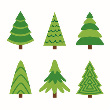 Christmas tree set. Fir tree collection. Different shape. Green pine trees template for greeting card, banner, web. New Year winter sign symbol. Flat design. White background.