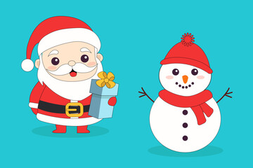 Santa Claus and Snowman icon set. Merry Christmas. Cute cartoon kawaii funny smiling baby character. Hands up. Gift box present with bow. Greeting card. Flat design. Blue background. Isolated.