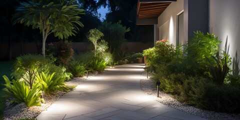 Fototapeta na wymiar Walkway Lit At Night With Garden Lights Background, Lighting Your Water Garden, Outdoor Lighting, generative Ai