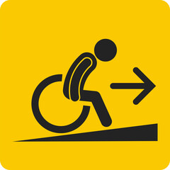 Isolated yellow sign of disable, ill, handicapped person on wheel chair and direction arrow, for wheelchair ramp entrance sign