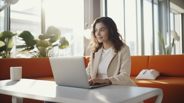 Brunette female university student having an online meeting on laptop