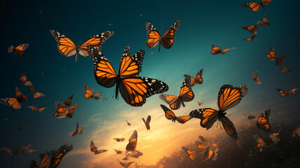 A flock of flying butterflies Monarch