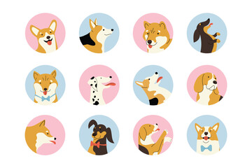 Set with circle shape icons with different dog portraits, dachshund, Shiba Inu, Corgi, Dalmatian and Beagle. Hand drawn vector illustration
