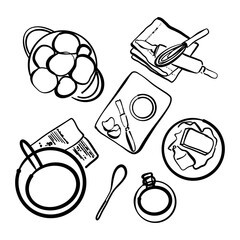 Apple pie cooking doodle. recipes template with vegetables and kitchenware. Top view sketches cooking items on white background.  - obrazy, fototapety, plakaty