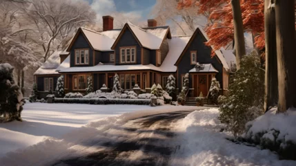 Keuken spatwand met foto Snowy fall new england, hunter green green and dark brown, colonial home landscape © l1gend