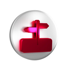 Red Road traffic sign. Signpost icon isolated on transparent background. Pointer symbol. Isolated street information sign. Direction sign. Silver circle button.
