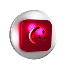 Red Moon and stars icon isolated on transparent background. Cloudy night sign. Sleep dreams symbol. Full moon. Night or bed time sign. Silver circle button.