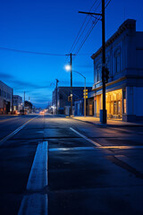 Fototapeta na wymiar streetscape shot where blue streetlights cast long shadows, symbolizing the melancholic stretch of Blue Monday