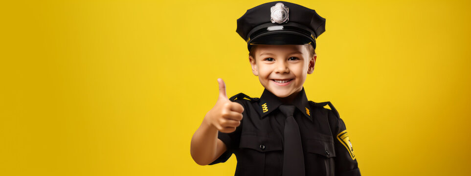 A smiling kid boy in police man uniform costume. Concept of future job. Thumb up. Yellow background copy space. Ai generative